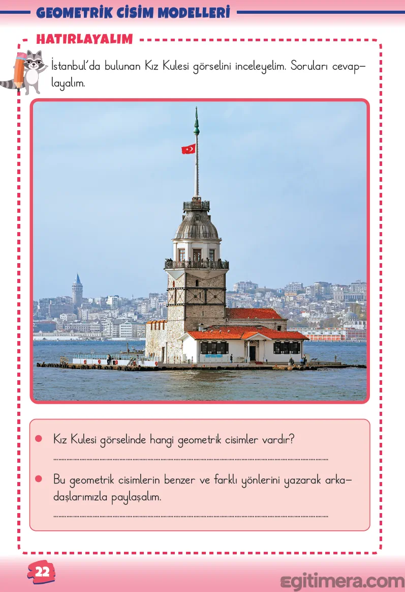 2. Sınıf Matematik ders kitabı sayfa 22; üstte İstanbul Kız Kulesi fotoğrafı ve altta "Geometrik Cisim Modelleri - Hatırlayalım" soruları yer alan sayfa.