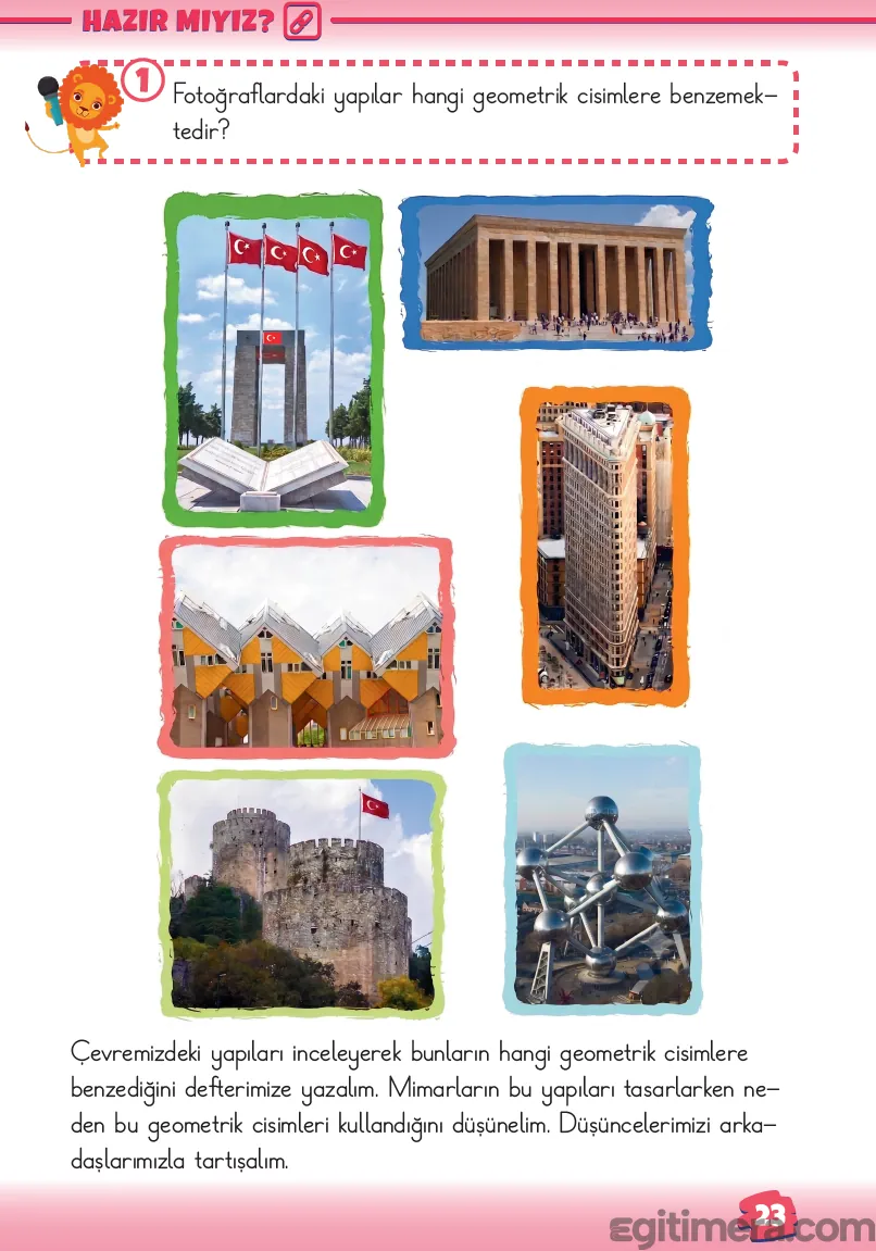 2. Sınıf Matematik ders kitabı sayfa 23; üstte Galata Kulesi, Piramitler, Pisa Kulesi ve modern yüksek gökdelen fotoğrafları ile altta inceleme soruları.