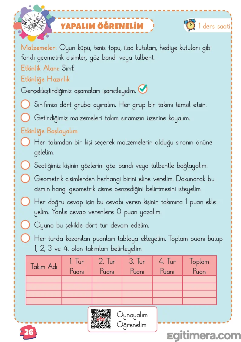 2. Sınıf Matematik ders kitabı sayfa 26; üstte malzeme listesi, hazırlık ve uygulama adımları, en altta ise 4 tur üzerinden puanlama yapılan takım tablosu.