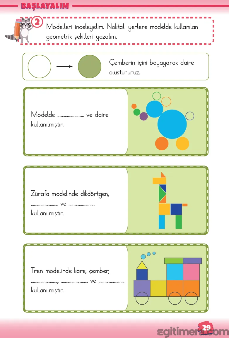 2. Sınıf Matematik ders kitabı sayfa 29; üstte geometrik şekillerle yapılmış ev, ortada zürafa, altta tren modelleri ve boşluk doldurma soruları.