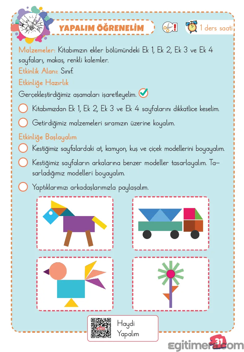 2. Sınıf Matematik ders kitabı sayfa 31; üstte geometrik şekillerden oluşturulmuş at ve kuş modelleri, altında etkinlik adımları ve malzeme listesi.