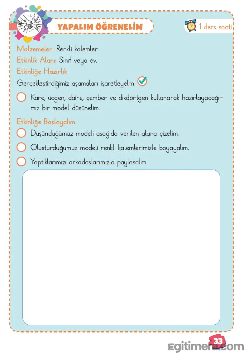 2. Sınıf Matematik ders kitabı sayfa 33; üstte malzeme listesi, hazırlık ve uygulama adımları, altında çizim ve boyama için geniş boş alan.