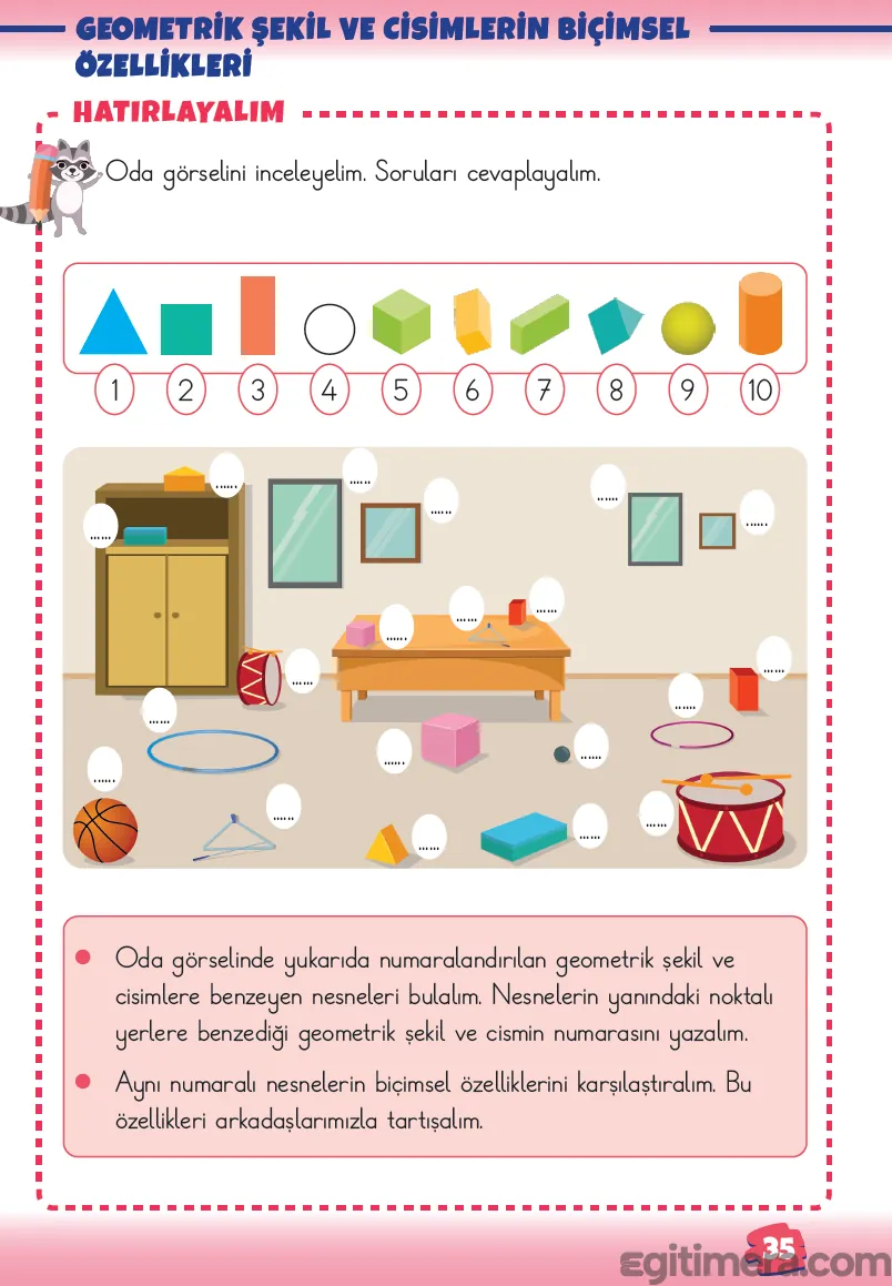 2. Sınıf Matematik ders kitabı sayfa 35; üstte 1'den 10'a kadar numaralandırılmış geometrik cisim ve şekil modelleri (küp, silindir, kare, çember vb.), ortada çocuk odası görseli ve altta noktalı eşleştirme alanları.