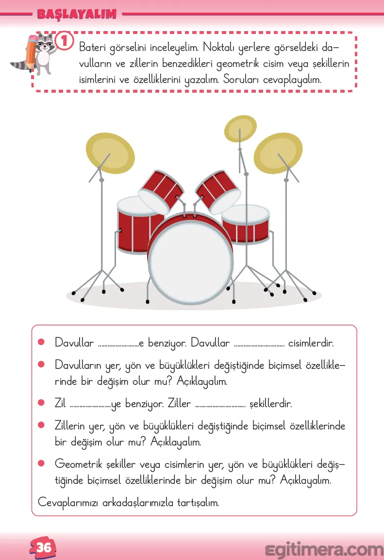 2. Sınıf Matematik ders kitabı sayfa 36; üstte kırmızı davullar ve sarı zillerden oluşan bateri seti görseli, altında boşluk doldurma ve yön/büyüklük değişim soruları.